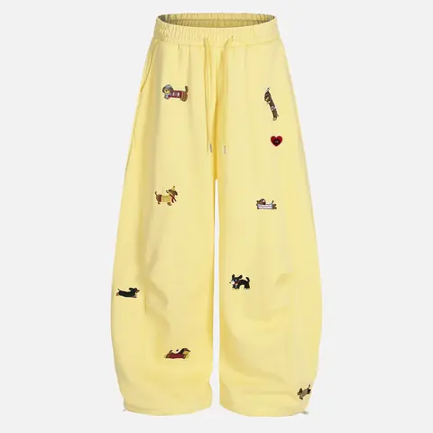 Aelfric Eden Women's Cotton Comfortable Stretchy Athletic Wide Leg Joggers - Oversized Barrel Fit, Adjustable Drawstring Waist, Dachshund Embroidered, Unisex Everyday Style Casual Pants Pairable with Sneakers