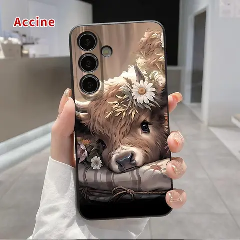 Patterned Shock-Absorb TPU Cellphone Case with Flower-Crowned Bovine Dream Design - Anti-Drop, Non-Slip, Full Body Coverage, Matte Smooth Finish for Samsung Galaxy S22, S23 Ultra, S24 Plus, S25, S26 Mobile Accessories