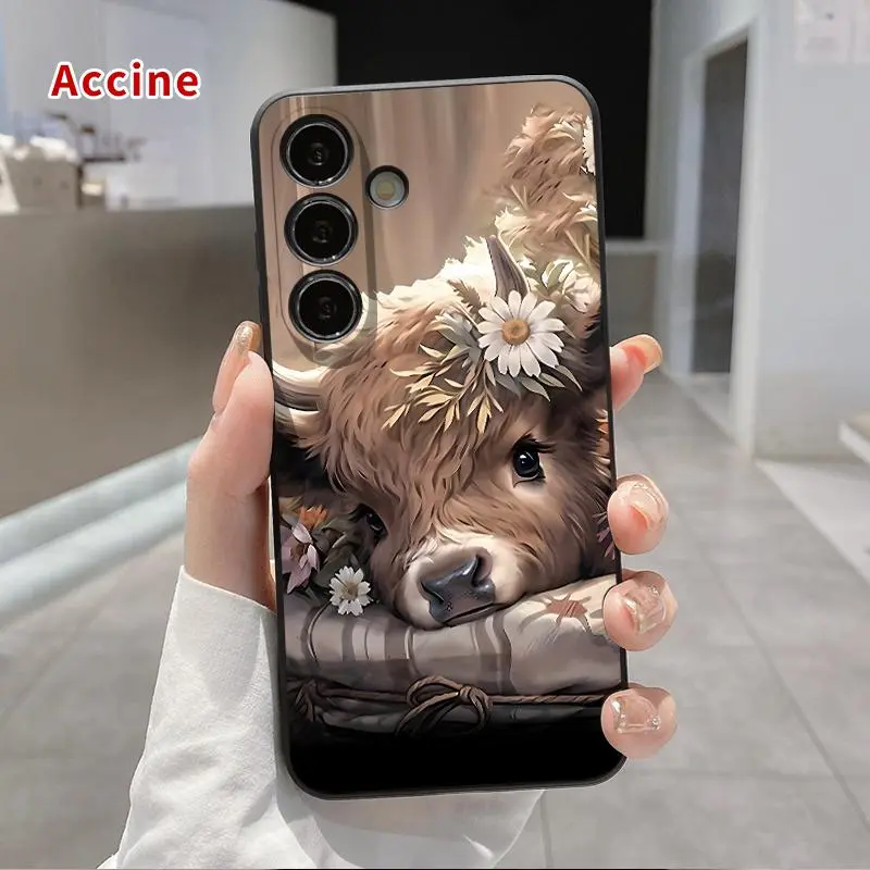 Flower-Crowned Bovine Dream Pattern Smartphone Casing, Shockproof Non-Slip Military-Grade Protection Silicone Cover for Samsung Galaxy S22 S23 Ultra S24 Plus S25 S26, Handheld Cellphone Accessories, Protector