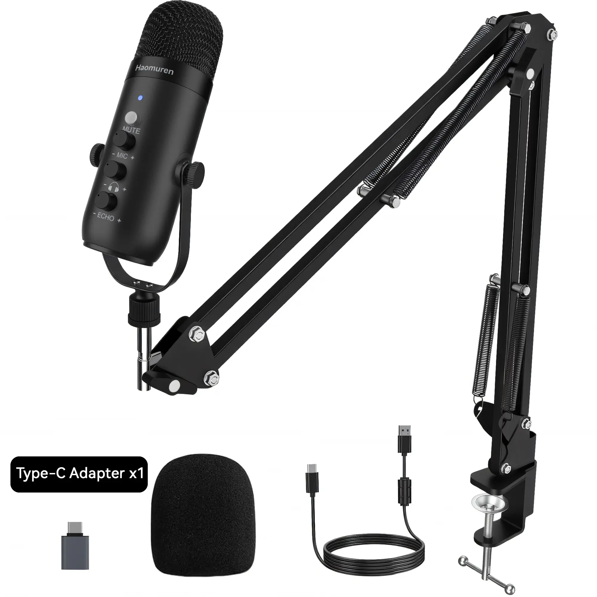 Haomuren Cardioid Gaming Condenser Microphone Kit with Boom Arm, Mic Clamp, USB Cable, Type-C Adapter, Mute Button, Echo Volume Gain Knob, Monitor Adjustment - 3.5mm Jack, Gamer Stuff, Gaming Accessories for Phone/PC Live Streaming, Podcast Setup