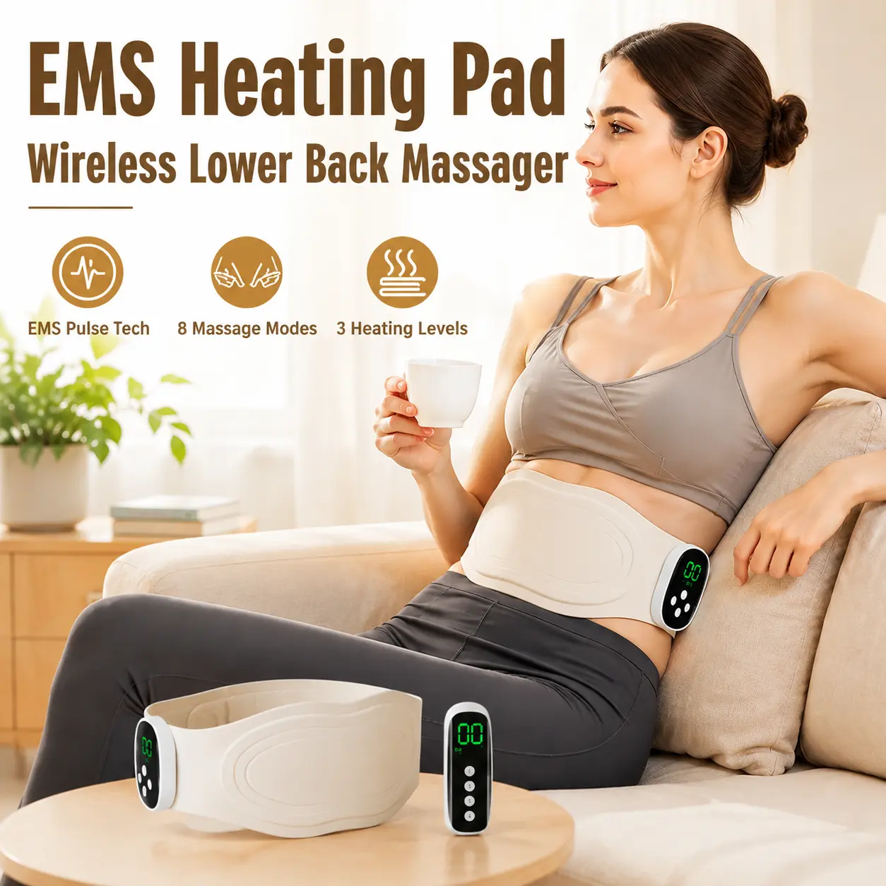 Cordless Lower Back Heating Pad with Remote Control, Magnetic Host, 8 Modes, 19 Intensity & 3 Heating Levels-5549,foldable