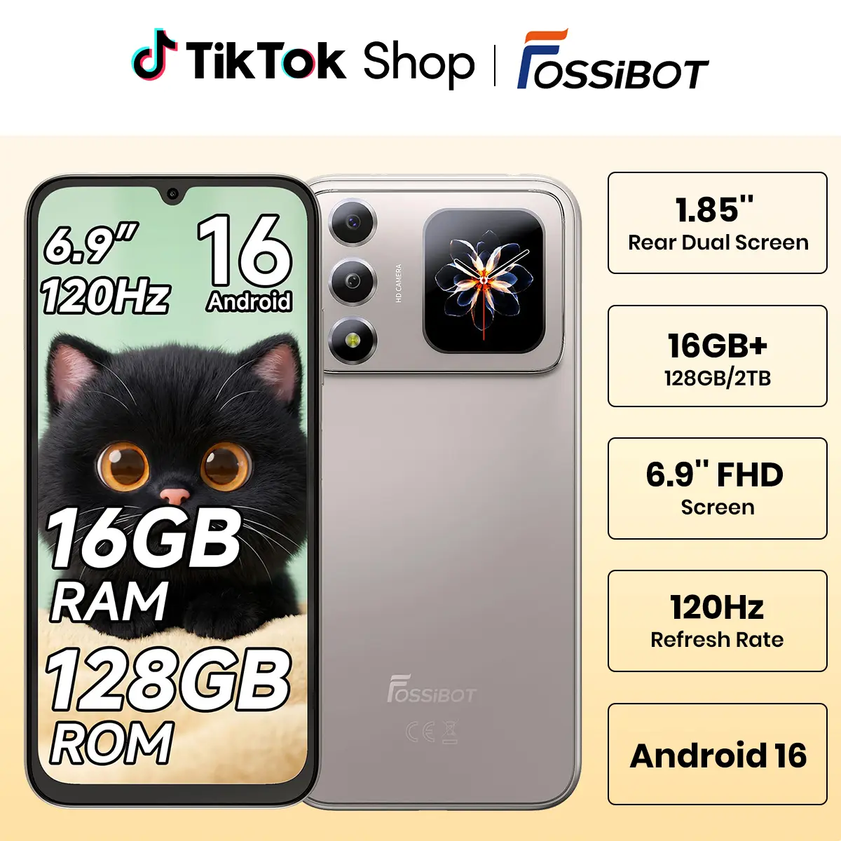 FOSSiBOT S7 2026 Dual-Screen Unlocked Android 16 Smartphone, 1.81" Smart Rear Display, 32GB RAM + 256GB ROM , Octa-Core Mobile Phone, 6.88" HD + 120Hz, 5000 mAh Battery, 16 MP+8 MP Camera, 4G Dual SIM/GPS/OTG/Fingerprint Unlock/Face IDDual Mobile Phone