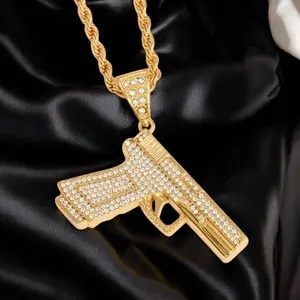 MaxBling81 Male Gun Pendant Necklace - Gold Metal Coating Hip-Hop Celebrity Style CZ Design, 5mm 30" Rope Chain, Polished Costume Jewelry for Enthusiasts & Casual Daily Wear