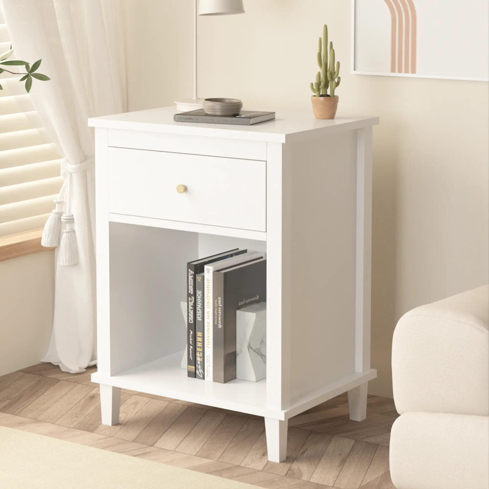 XUAN Cube MDF Wood Compact Storage Nightstand - Indoor Furniture Side Table with Drawer-Shelf Storage Combo, Metal Handle, Clutter-Free Surface, Artistic Aesthetics, Bedroom Decor to Elevate Your Space
