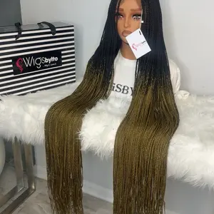 Wigsbyto 40inches Synthetic Knotless Braids Full Lace Cap with Adjustable Band & Pin Black Brown Ombre Super Neat Weighted Length