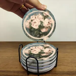 6-piece ceramic coaster/cup holder set with a pink rose bouquet design. Heat-resistant, non-slip beverage mats suitable for home and restaurant table decorations; a perfect housewarming gift.