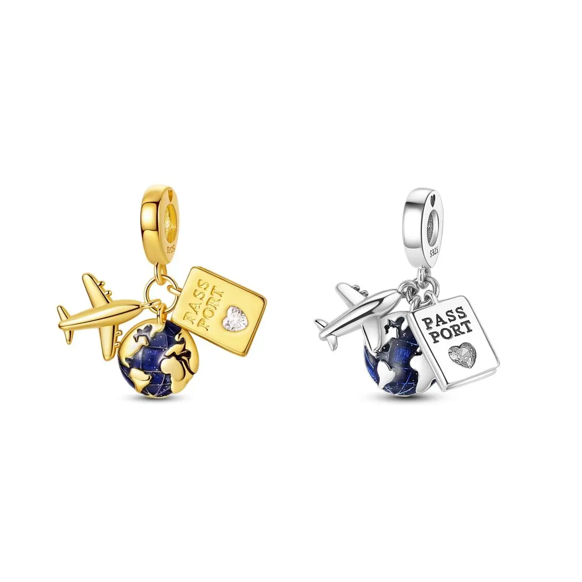 MULA Travel Globe Airplane Passport Pendant - 925 Silver Gold Enamel CZ Pendant, Wanderlust Beads, Compatible with Pandora Bracelets, the perfect gift for female travelers
