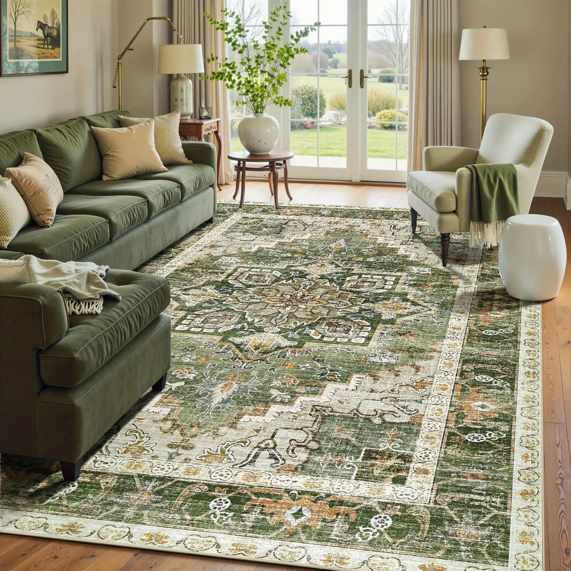 Bohemian Vintage Area Rug Home Decor Room Decor Large Non-Slip Living Room Mat Soft Machine Washable Mat For Dining Room Bedroom & Office Home Decoration In Forest Moss Light Sage