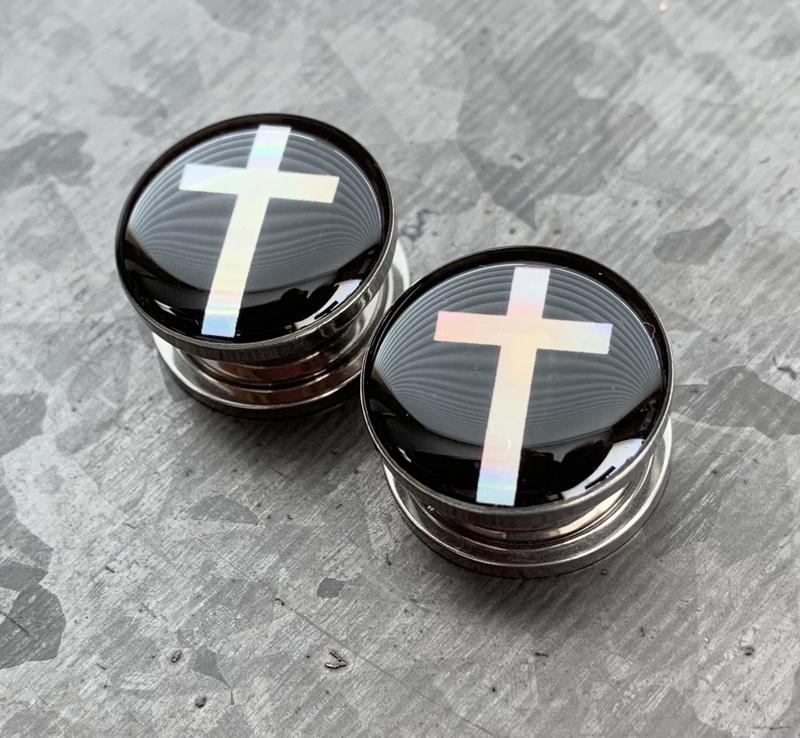 PAIR of Stunning Hologram Cross Screw Fit Surgical Steel Tunnels/Plugs - Only 0g(8mm) Left In Stock!