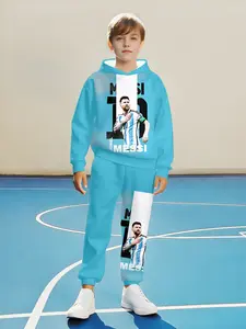 Messi Argentina National Team Boys' Sweatshirt Set, Lake Blue Hoodie & Drawstring Pants, Casual Fall Winter