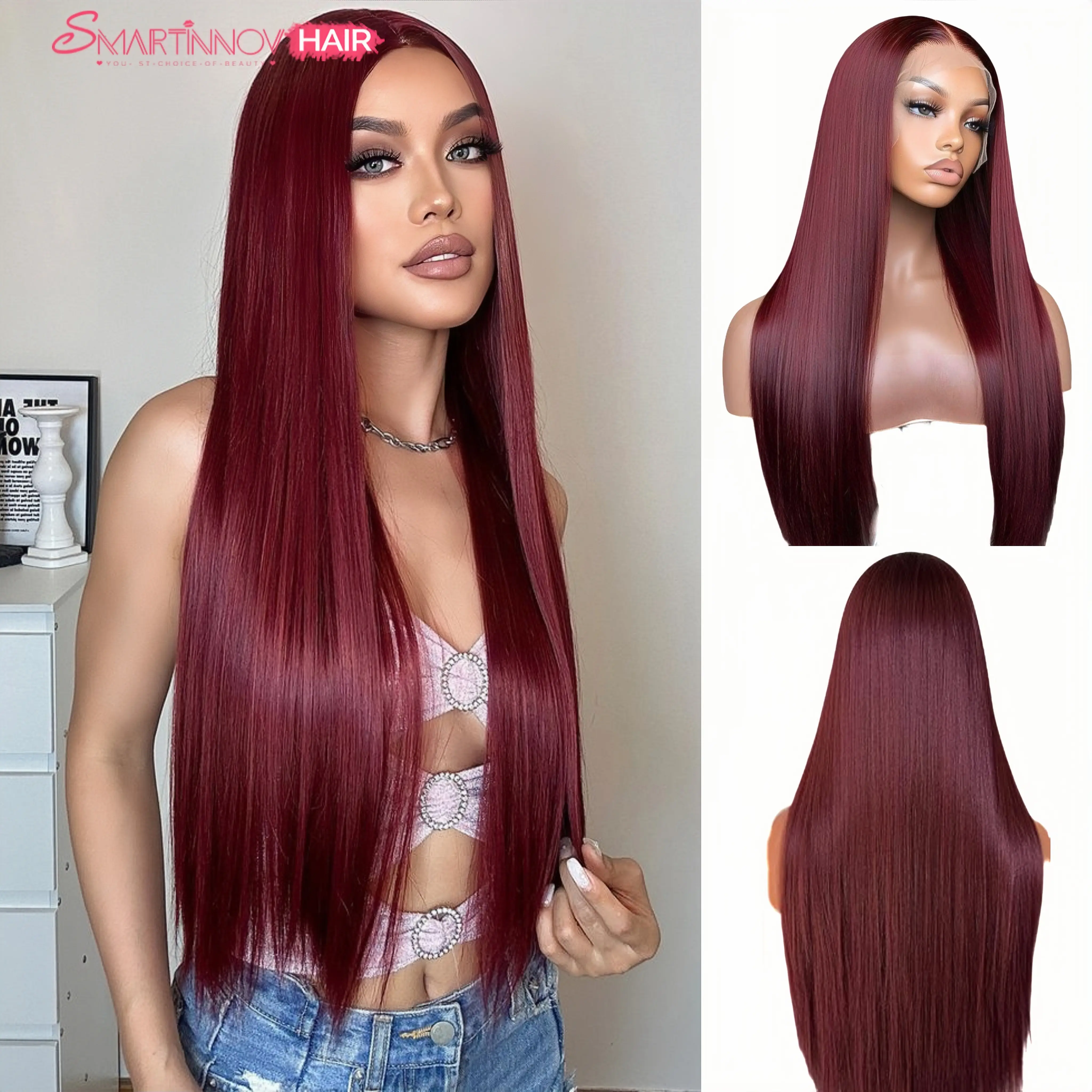 99J Human Hair Wine Red 32 Inch Lace Front Wigs 13x4 HD PrePlucked Glueless 150% Density Silky Hair Perfect For Outdoor Party