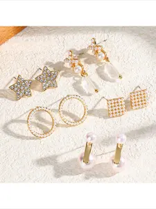 1 Pairs Gold Pearl Stud Earrings Set for Women, Star/Circle/Square Geometric Pearl Earrings, Hypoallergenic Silver Post Daily Jewelry