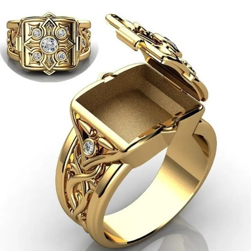 Vintage Gold Plated Locket Ring for Men Women, Secret Compartment Poison Ring with CZ, Retro Engraved Flip Top Statement Ring, Unique Keepsake Jewelry Gift for Him Her