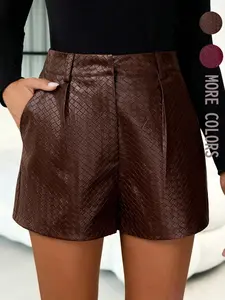 Women's PU Leather Embossed Slant Pocket High Waist Shorts, Fashionable Comfort Design, Perfect for Casual Wear, Durable Material