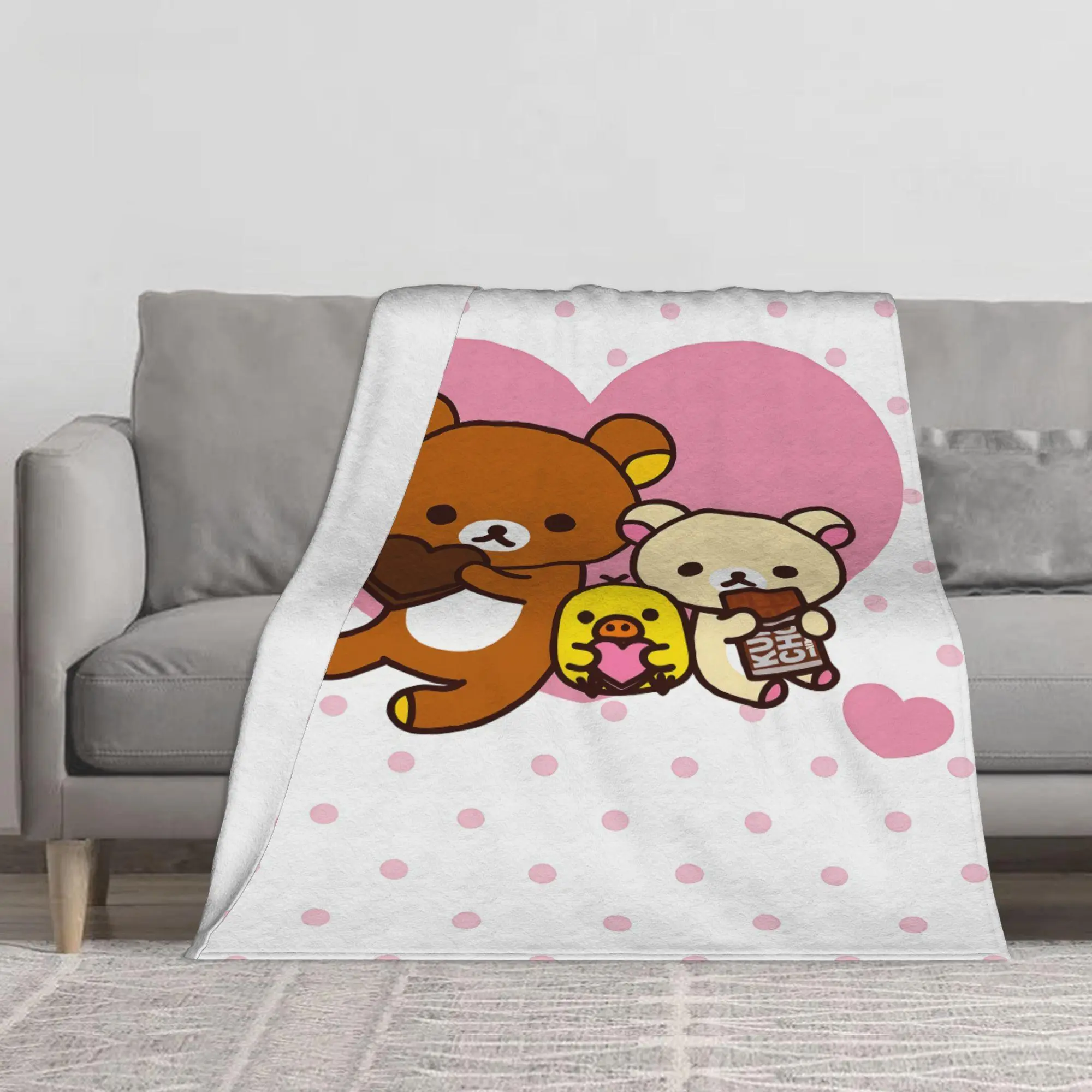 Rilakkuma Kawaii Bear Heart Polka Dot Flannel Fleece Blanket, Multi‑Size Cozy Soft Plush Throw, Cute Rilakkuma Korilakkuma Kiiroitori Sweet Valentine Printed Blanket for Couch Bed, Sweet Gift for Kawaii Lovers