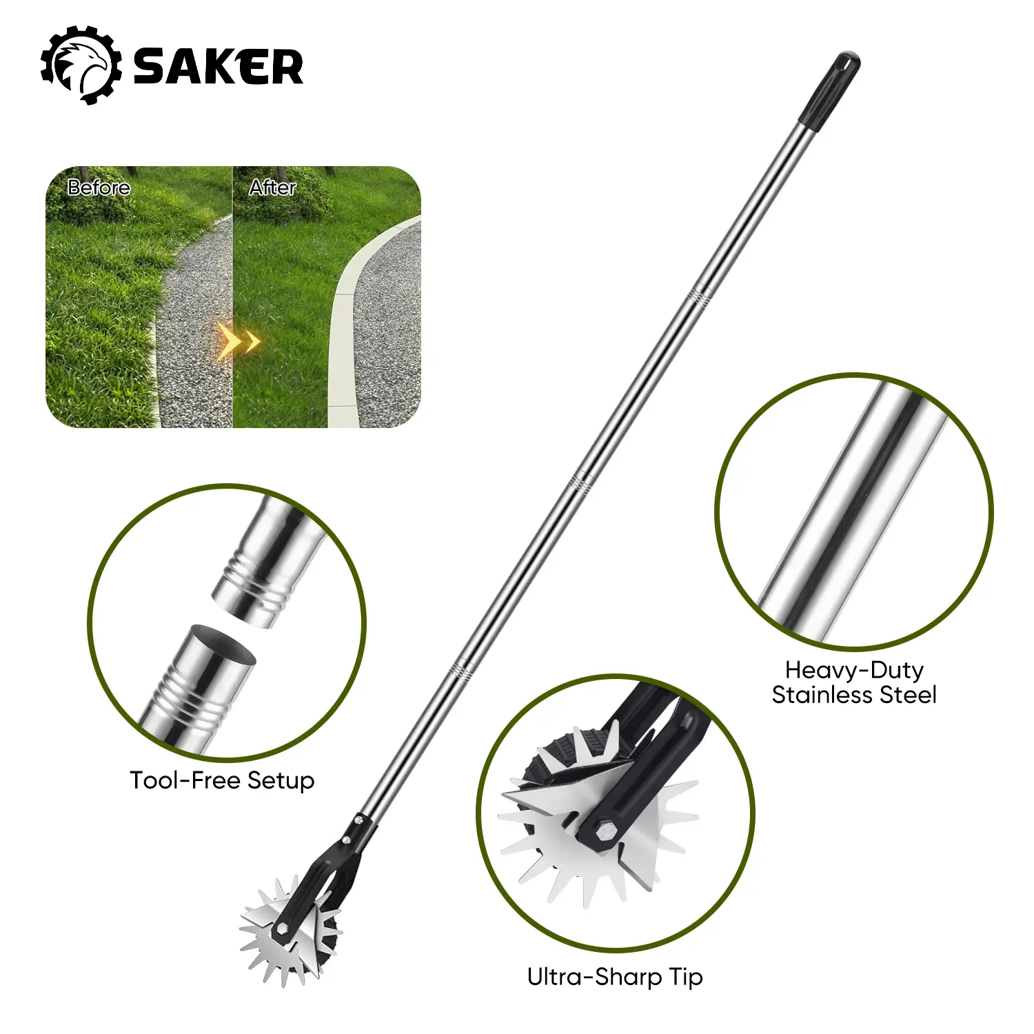 Saker Portable Push-On Grass Trimmer with 3/4-Inch Stainless Steel Handles, 67.32-Inch Extension, Blades for Cutting, Garden Tool Kit for Weeding & Sidewalk Mowing