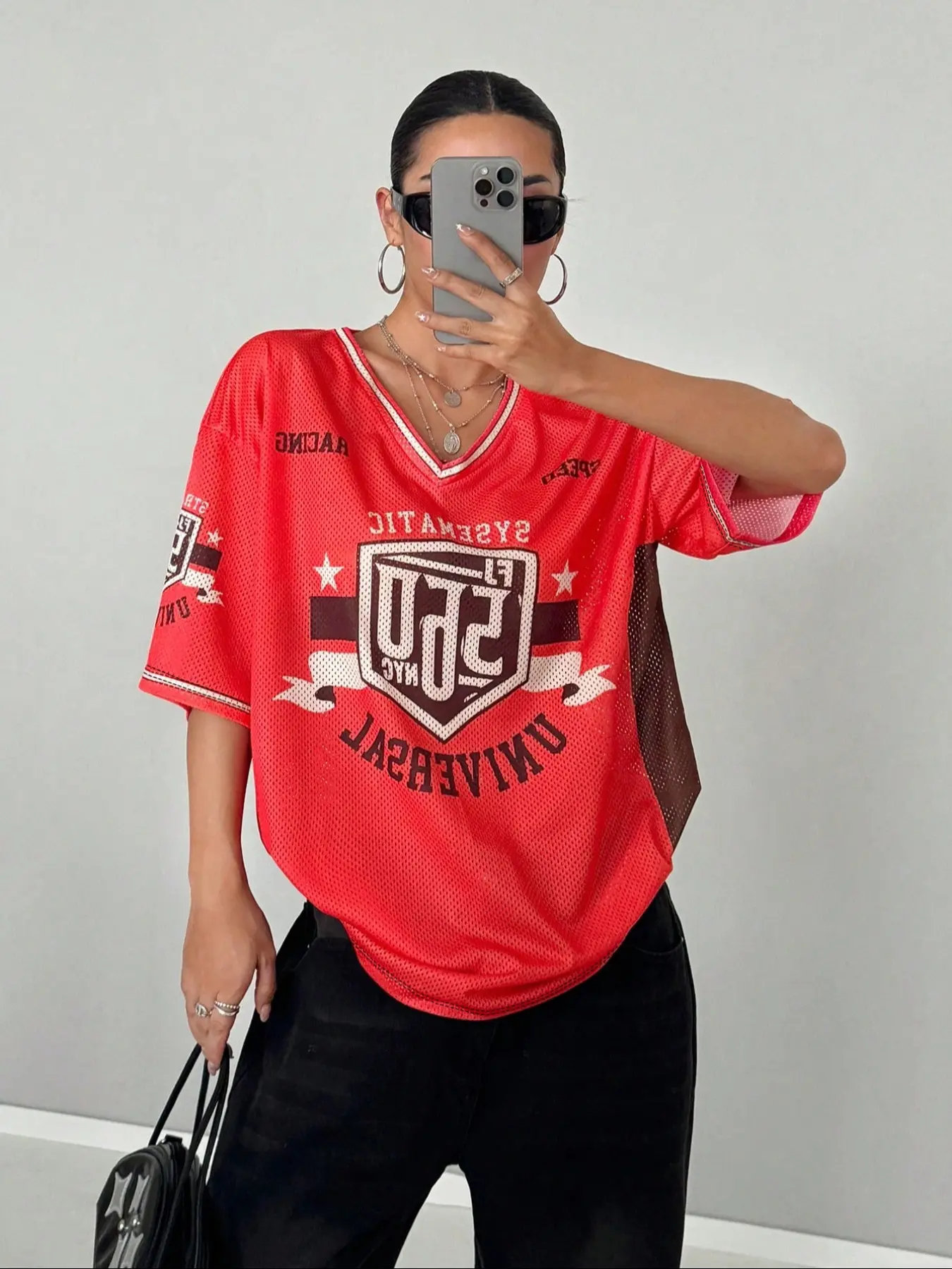 Women's Streetwear Y2K Style American Mesh Breathable Digital Badge Graphic Print Fitted Hoodie, V-Neck Hip Hop Fashion Casual, Festival Daily Wear Top, Womenswear