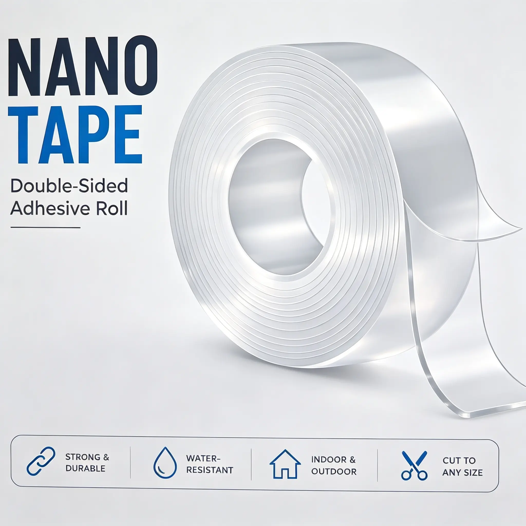 Double-Sided Tape Heavy Duty – Clear Removable Mounting Tape for Walls, Carpet, Rugs, Posters – Reusable, No-Residue, Indoor/Outdoor Nano Gel Grip