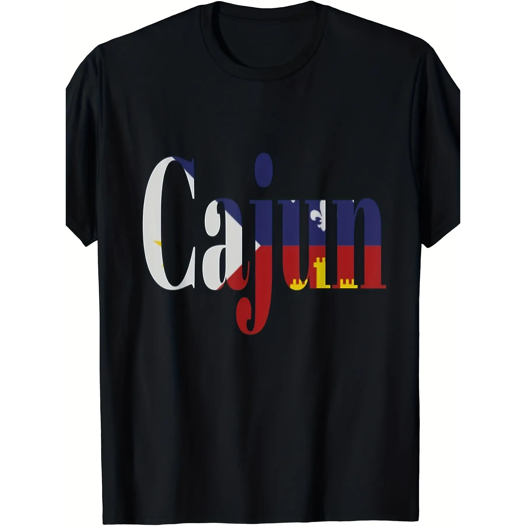 GGOR Unisex Vintage Cajun Pride Acadian Flag Polyester Knit Fabric T-Shirt - Heavyweight, Relaxed Fit, Round Neck, Louisiana French Text, Fleur-de-Lis Design, All-Season Casual Sports Top, Tshirt, Shortsleeve, Casual Wear