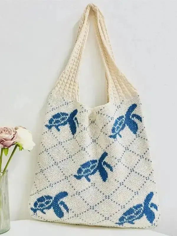 Cute Turtle Pattern Crochet Shoulder Bag, 2026 New Style Fashionable Knitted Tote Bag for Women & Girls, Casual Trendy Versatile High-quality Daily Commuting Bag Handbag Weekender Straw Fashion Accessory Lightweight