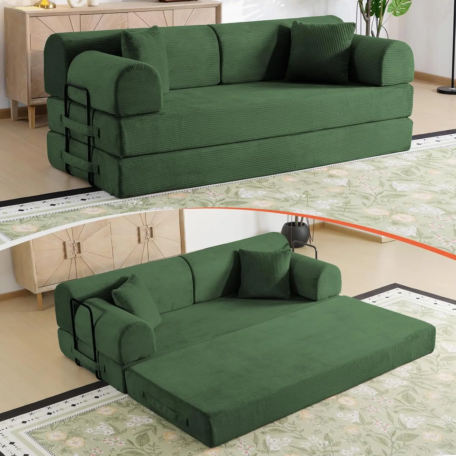 Plush Sturdy 78.8" Nylon-Cloth Alloy-Frame Memory Foam Boneless Convertible Sleeper Futon Loveseat, Corduroy Floor Sofa Bed, Wide Armrests, Back Support, 1200 lbs Capacity, Couch in a Box with 2 Pillows, Metal