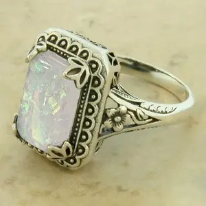 Vintage Rococo Style Opal Effect Square Ring for Women | Retro Lace Edge Floral Carving Elegant Statement Jewelry