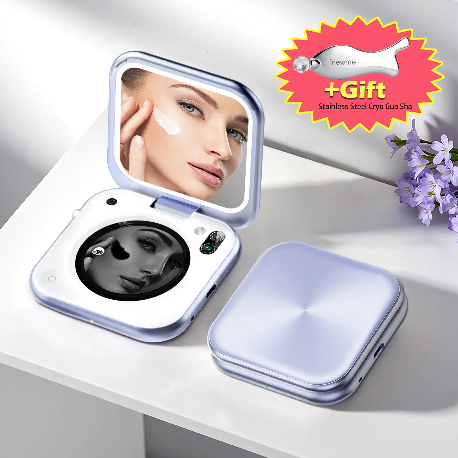 inewme Smart UV Camera Mirror with UV Index & Humidity Sensor, Portable Travel Makeup Mirror for Sunscreen Check, 3 Inch LED Lighted Compact Mirror with Screen, Tech Gift