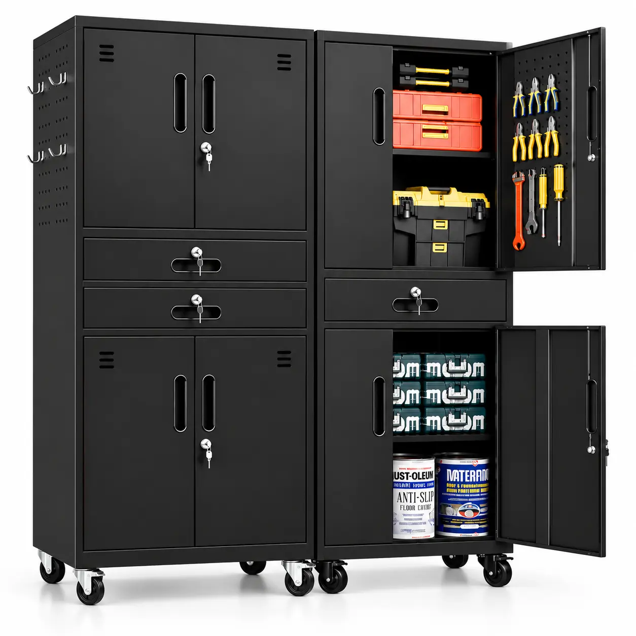 IRAUKKO 75" Tall Industrial Black Metal Heavy Duty Rolling Locking Tool Cabinet - Mobile Lockable Wheels Unit with Castors, 2 Lockable Drawers, Adjustable Shelves, Pegboard, 8 Hooks for Garage Storage Racks & Shelves, Black Metal Cabinets, Racks & Shelves