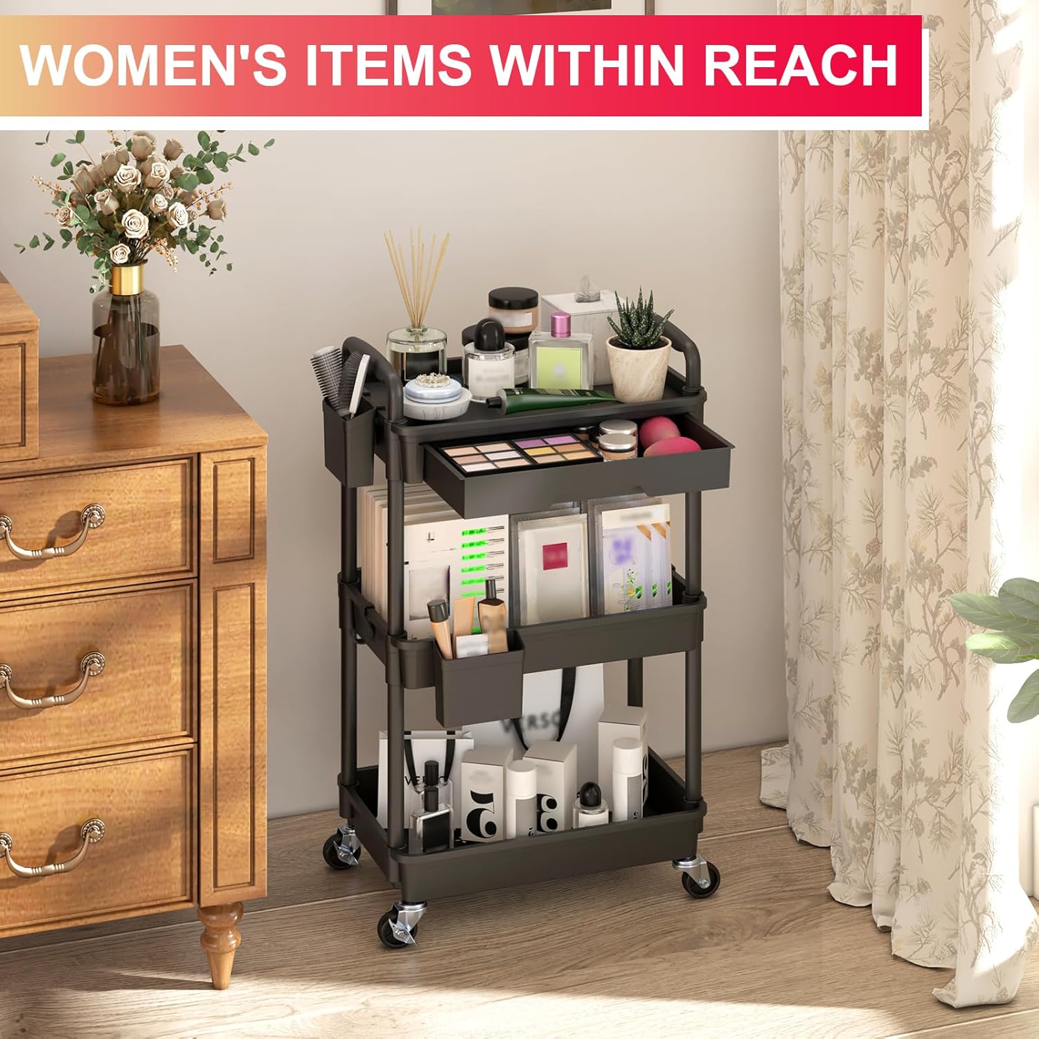 3 Tier Rolling Utility Cart Organizer with Removable Drawer, Stable and Sturdy Black Rolling Storage Carts with 2 Lockable Wheels for Bathroom, Kitchen, Snack, Craft, Makeup, Baby Essentials