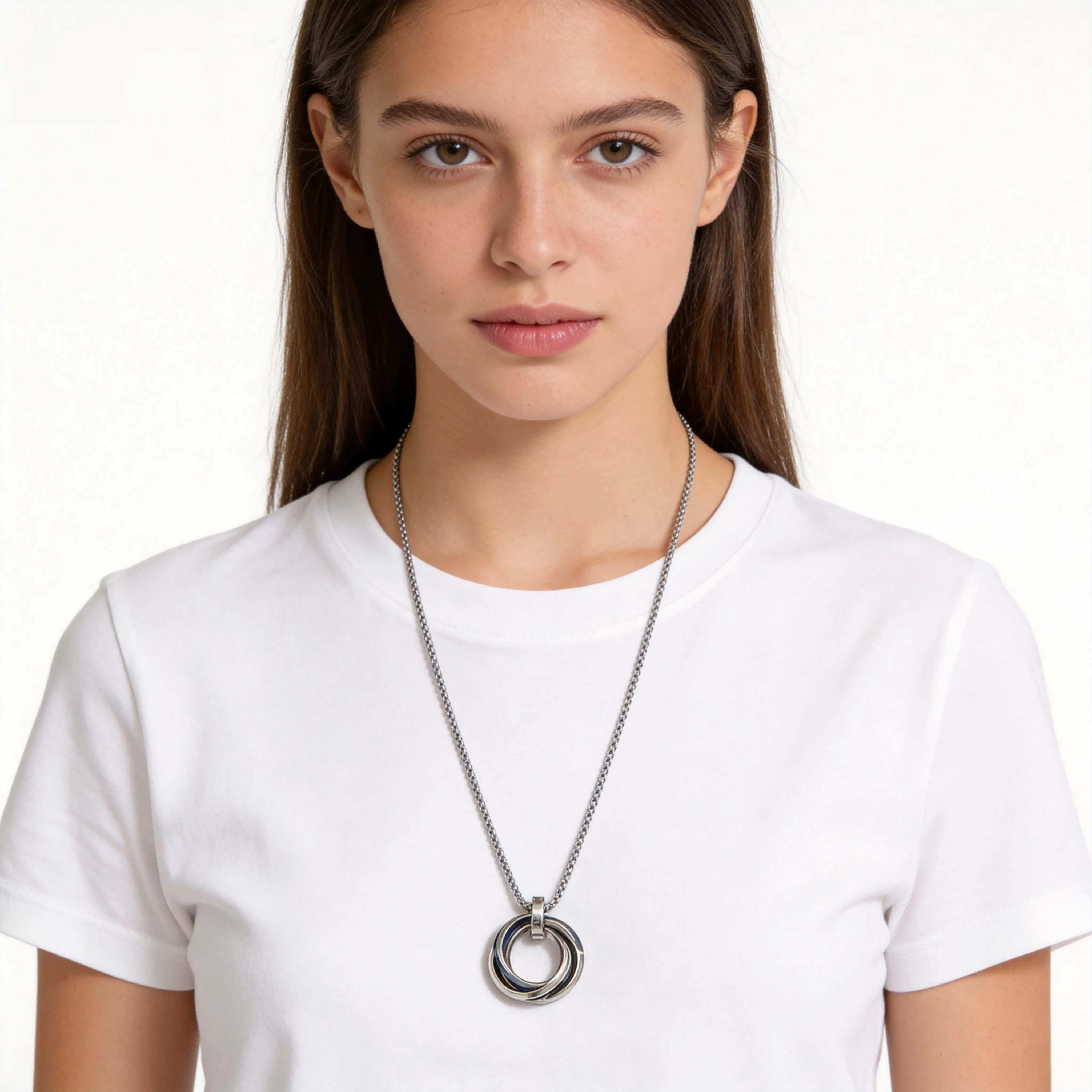 Romantic Anniversary Stainless Steel Three-Ring Pendant Necklace Box Chain – Silver/Gold Interlocking Circles, Unisex