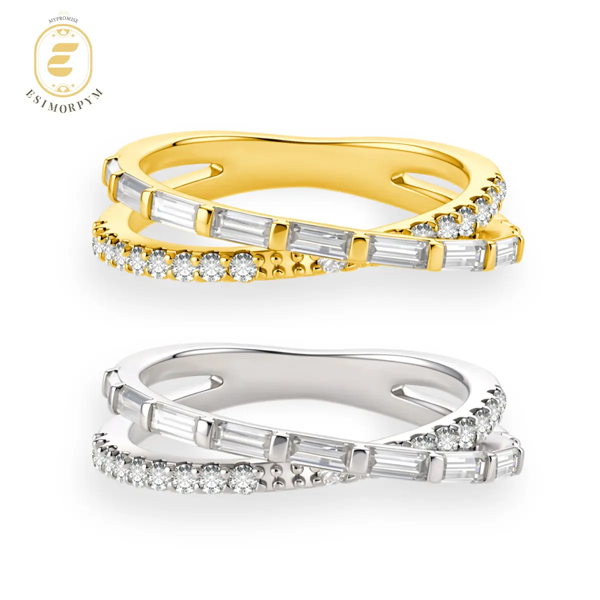 New EOM 18K Gold Plated Moissanite Waterproof Starlight Ribbon Crossover Ring Silver-Plated Wedding Engagement Anniversary Valentine's Day Birthday Gift Daily Wear for Men Women