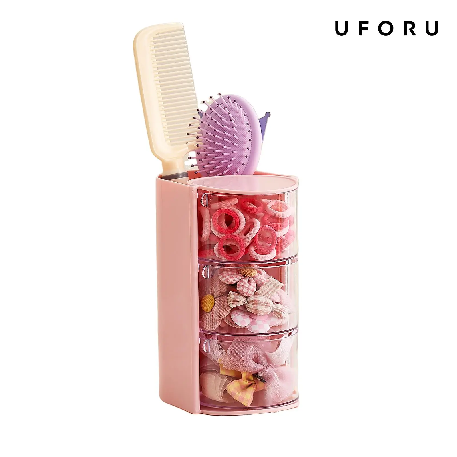 UFORU Rotating makeup brush hair accessory storage box, dust-proof plastic storage box, desktop makeup rack, hair brush, jewelry, gift makeup storage box