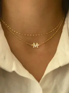 2Pcs/Set Pave Zirconia Initial Pendant Women's Non Tarnish Necklace New Classic Stainless Steel Lip Chain And Bead Chain Necklaces For Women Dainty Layering Jewelry