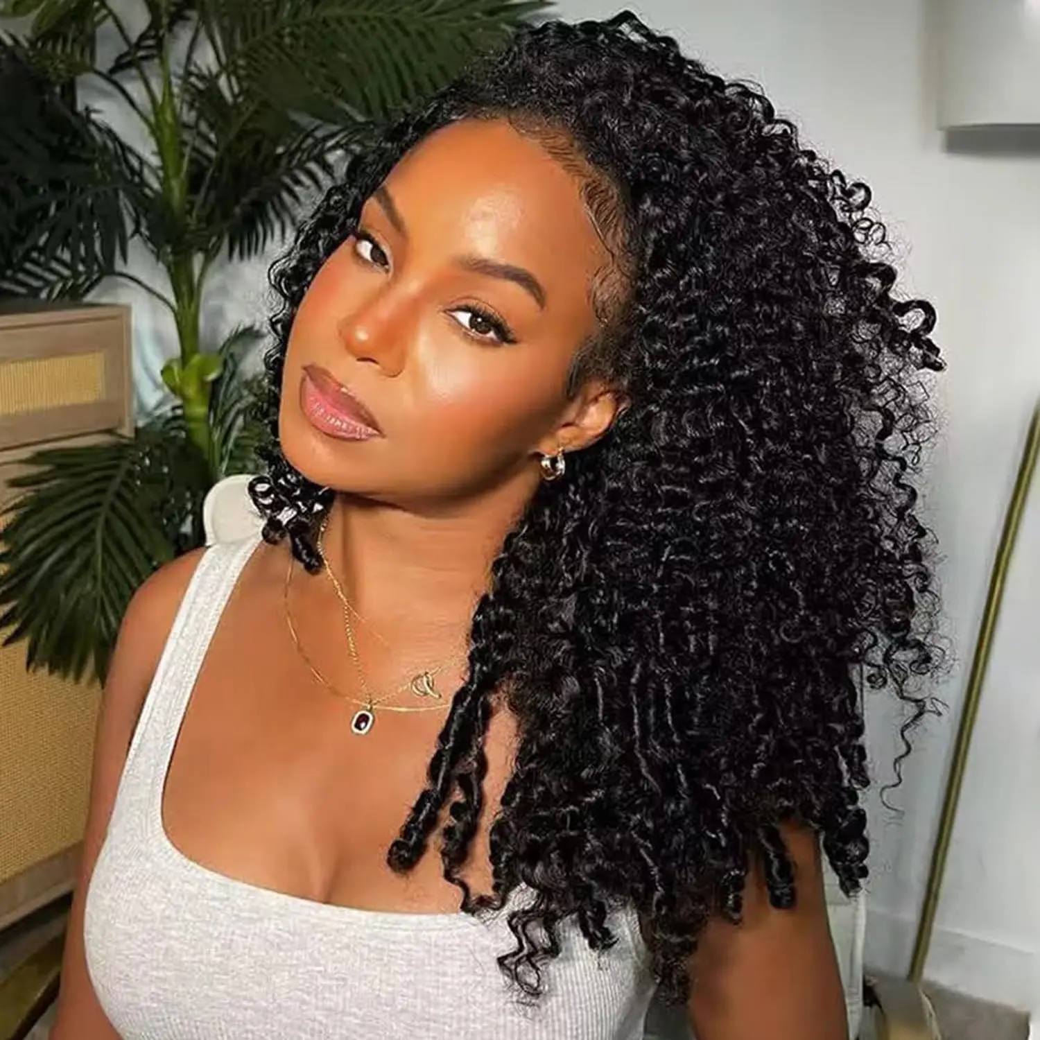 Burmese Curly Half Wigs, 100% Real Human Hair 3 In 1 Seamless Clip Ins Flip Over Glueless Wigs, Wear and Go Curly Half Wigs with Drawstring for Black Women