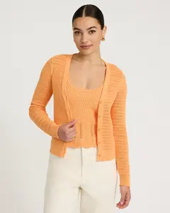 Express Cotton Pointelle V-Neck Long Sleeve Lightweight Cardigan