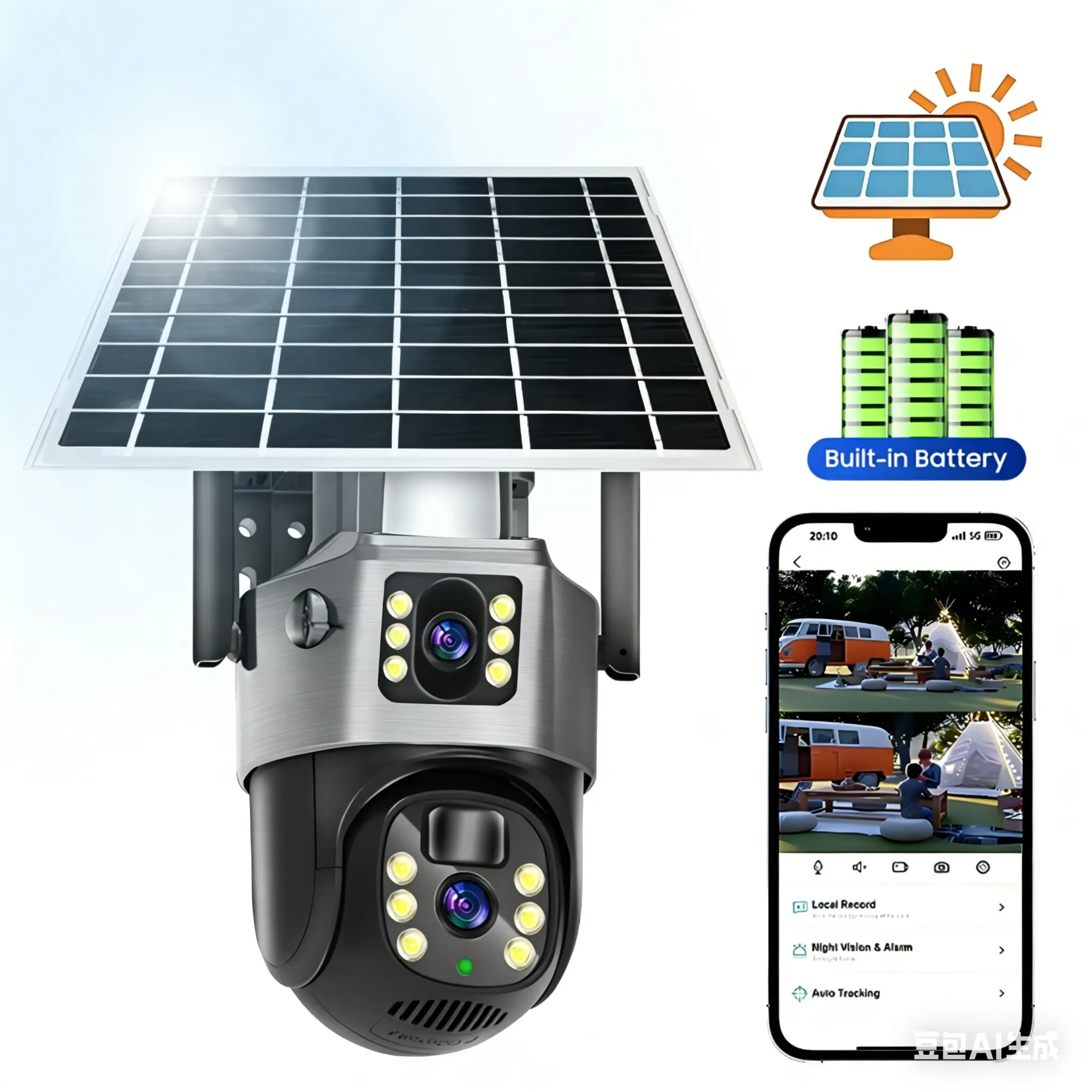 Dual-Lens solar security cameras wireless outdoor,360° Coverage, PIR Alerts, Two-Way Audio, IR Night Vision, SD/Cloud Storage Included.: Enjoy 360° Coverage, PIR Alerts,solar outdoor camera Wifi Security Camera, Solar Surveillance Camera