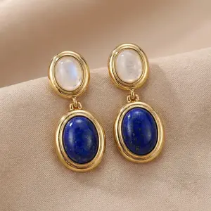 Vintage Blue & Moonlight Natural Stones Double Oval Drop Earrings - Unisex French Retro Gold-Tone Copper Alloy Jewelry, Old Money Aesthetic Elegant Studs Earrings Alternative, Daily Gift for Her
