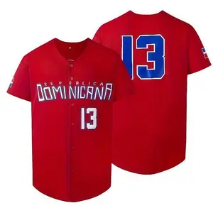 Men's Letter & Number Stitched Button Front Baseball Jersey, Stylish Jersey, Casual Loose Short Sleeve V Neck DOMINICANA 13 Baseball Top for Fall & Winter, Baseball Christmas Gifts
