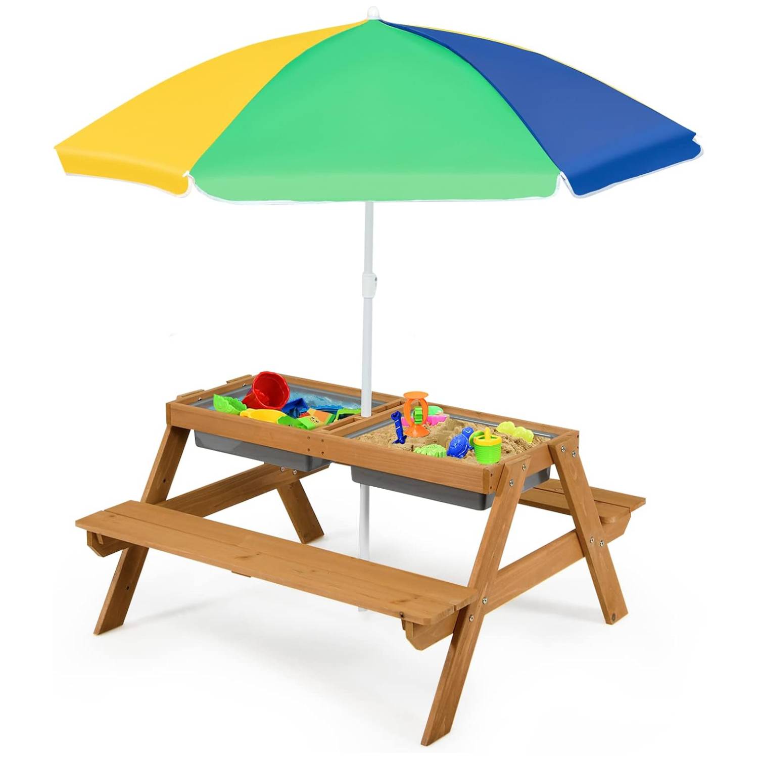Costzon Kids Picnic Table w/Height Adjustable Umbrella,Indoor & Outdoor, Sand & Water Table for Garden, Backyard, Patio,