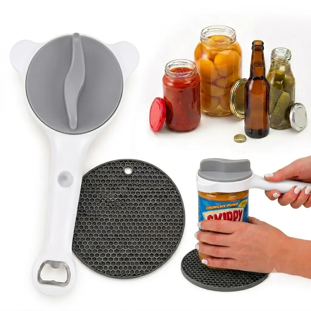 Jar Opener for Weak Hands & Arthritis, Adjustable 4-in-1 Multi-Tool – Easy Open Large Pickle Jars, Soda, Wine – Non-Slip Pad Included – Senior Friendly Kitchen Gadget