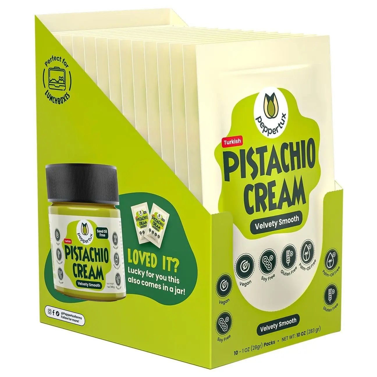 Peppertux Vegan Pistachio Cream in Single-Serve Pouches, 10oz Total (284gr) – Perfect for Snacking, Lunch Boxes, On-the-Go, Workouts, Hiking, and Camping - Single Serve (Box of 10)