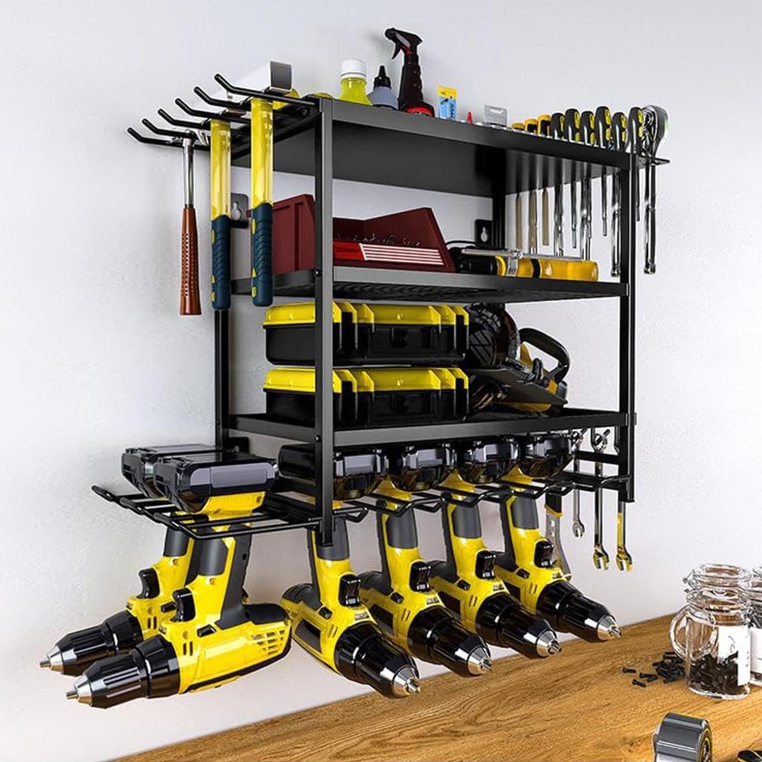 Power Tool Storage Wall Mounted Rack, 4 Layer Power Drill Tool Holder for 4 Power Drill Tools, Heavy Duty Tool Shelf with Side Screwdriver Rack and Hooks for Garage, Workshop