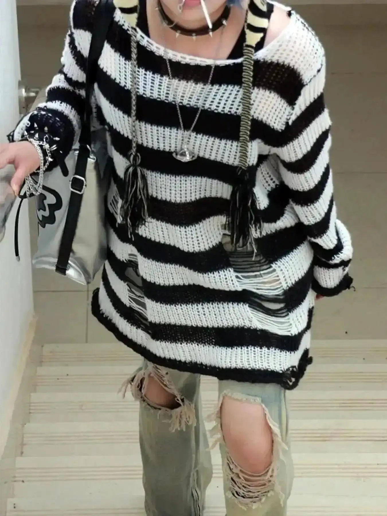Women's Chic Striped Sweater, Lady Casual Punk Lightweight Long Sleeve Jumper for Daily Outdoor Wear, Women's Knitwear for Spring & Fall, Fashion, Garment Mini Skirt Hoodie Staple, Trendy, Cozy