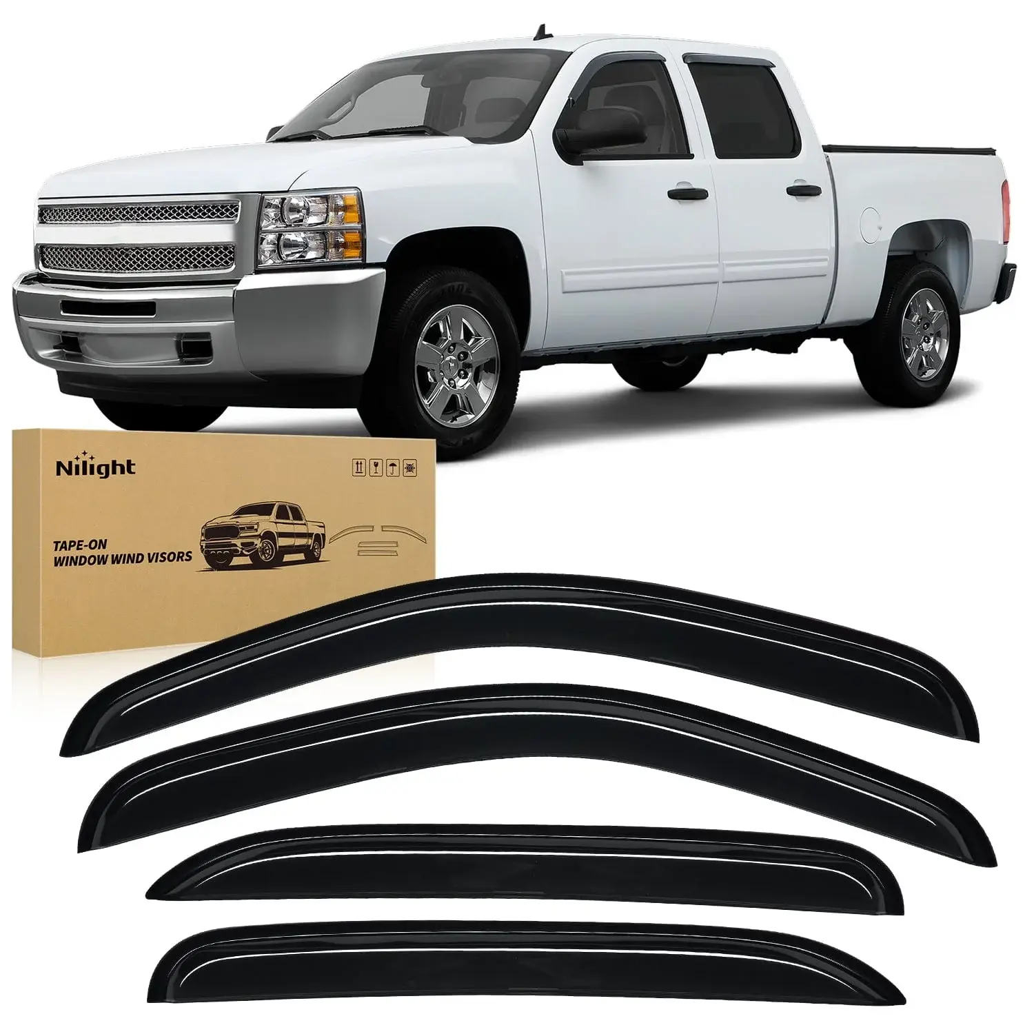 Nilight 4PCS Tape-On Window Wind Visors - Rain Guards, Vent Deflectors with Cover for Chevy Silverado 1500 Crew Cab 2007-2013 Vehicle Exterior Automotive Replacement Accessories