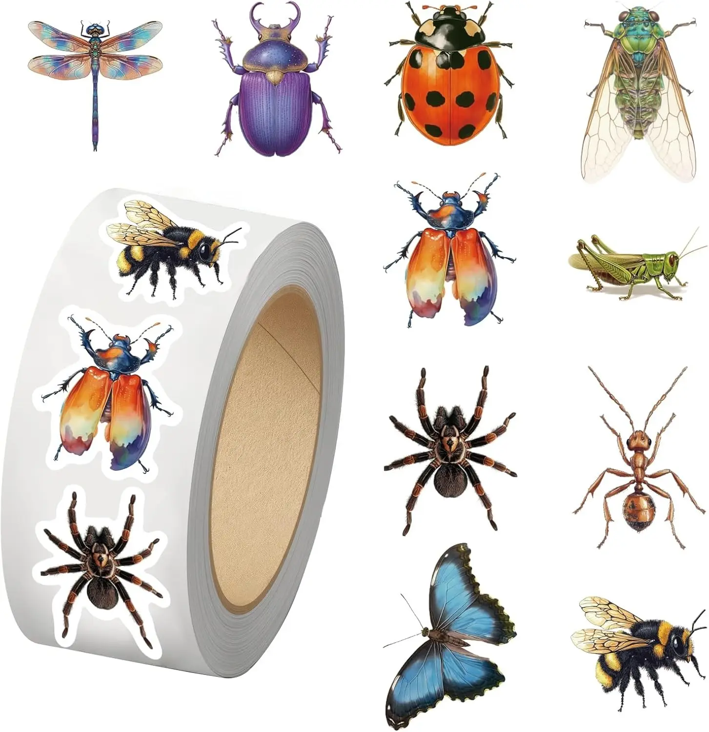 500PCS Bug Stickers 10 Styles Sticker Rolls Cartoon Insect Stickers Bug Party Favors Waterproof Vinyl Stickers(500 Per Roll)