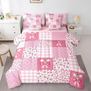 Feelyou 7-Piece High Tenacity Princess Bedding Comforter Set - Machine Washable, Multi-Size, Patchwork Design with Pink Plaid, Cow Fur Dot, Cherry Patchwork Bow, Rainbow Dessert, Strawberry Motif (Comforter, Fitted Sheet, Flat Sheet, Pillowcase), Seven Pi