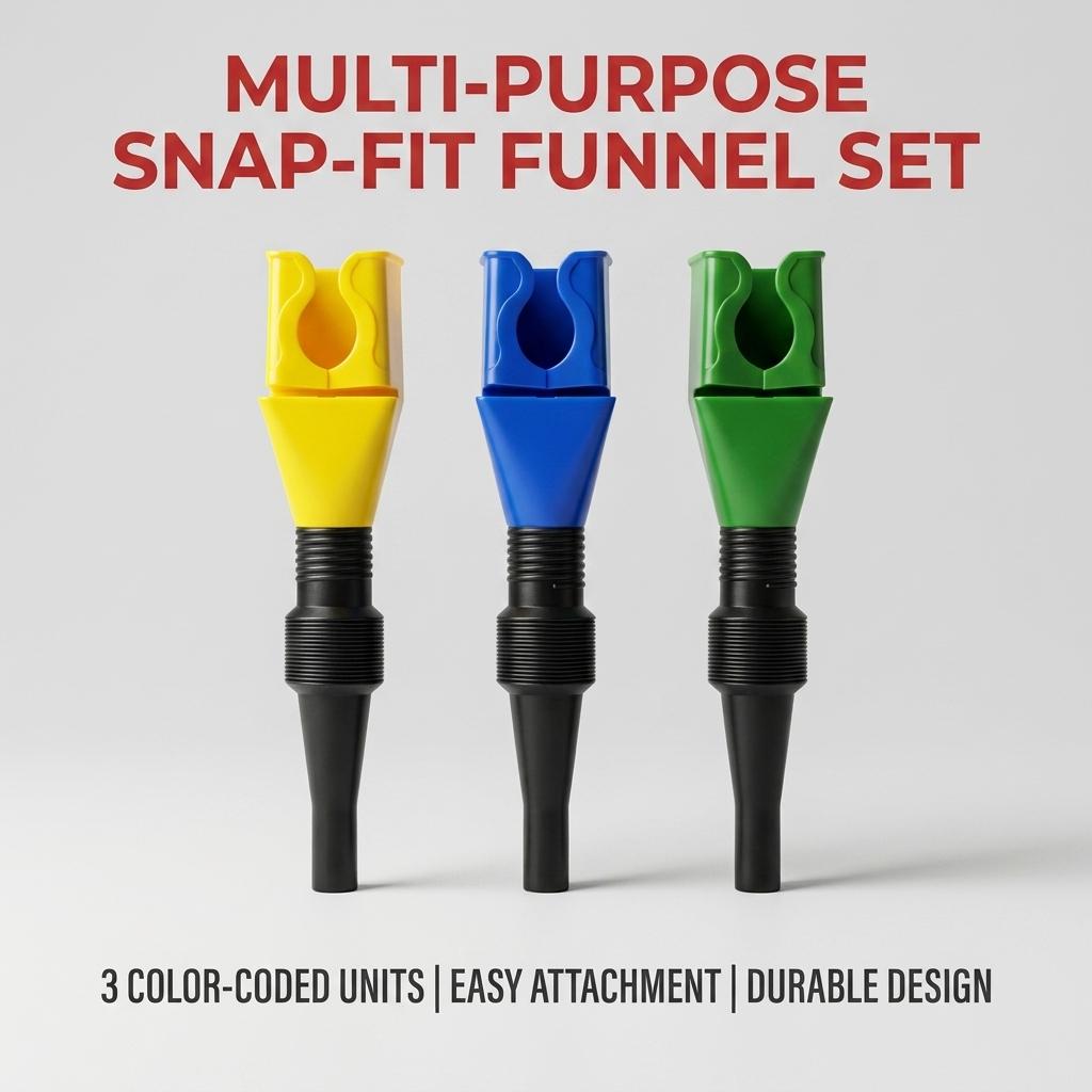 3-Piece Collapsible Funnel Set — Retractable Auto-Filling Funnel (with Bottle-Mouth Clip). A versatile tool for oil changes and fluid transfer in cars, motorcycles, and various types of engines; suitable for dispensing engine oil, gasoline, and coolant.