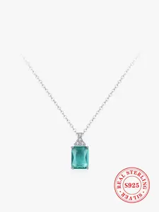S925 Sterling Silver Rectangle Shaped Pendant Necklace for Women, Artificial Gemstone Decor Necklace, Fashion Jewelry Accessories for Women As Gift
