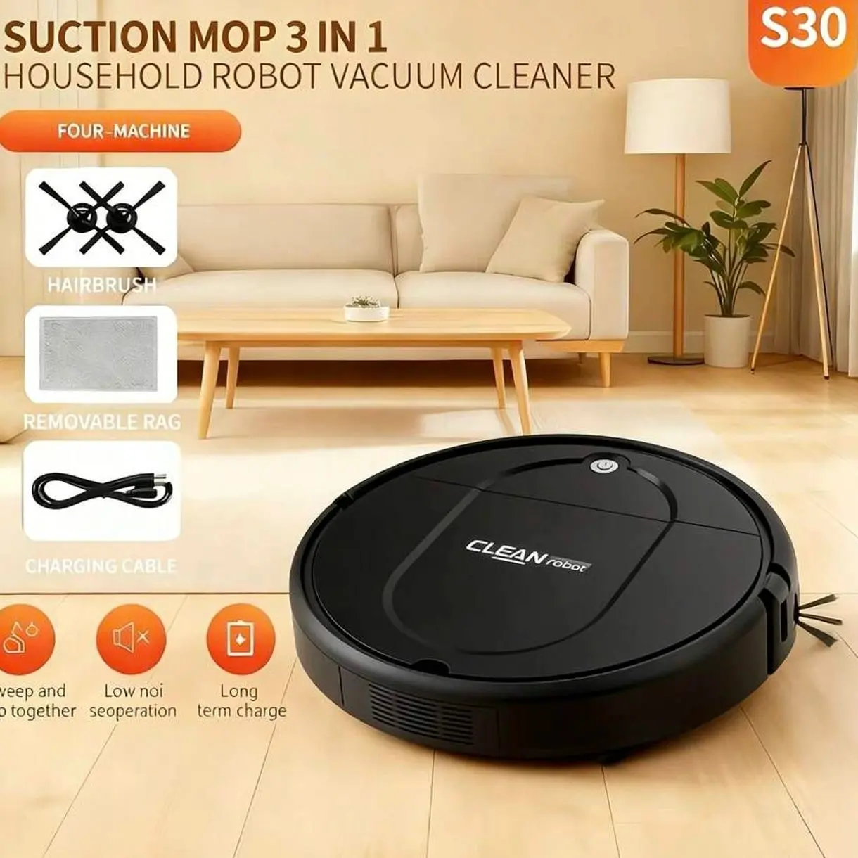 2-in-1 Robot Vacuum & Mop, Rechargeable Smart Floor Cleaner, Low Noise Automatic Sweeper