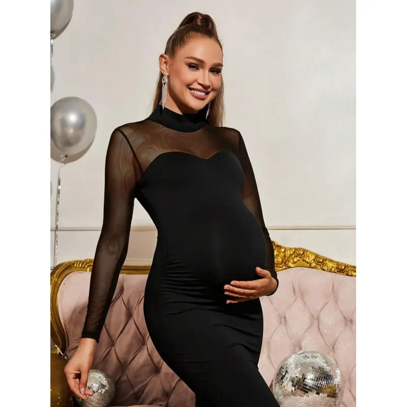 chinese dress ladies AISWI Mesh Ruched Maternity Dress Baby Shower Wedding Guest Pregnancy Shoot  Fall Long Sleeves Square Neck, Black, Small at Amazon Women's Clothing store main image 1